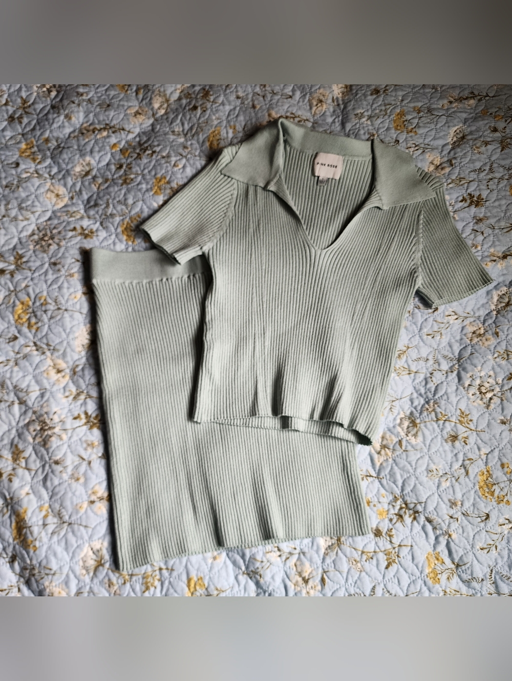 Pink Rose Mint Green Ribbed Knit Polo Top and Skirt Set Co Ord Coordinate Set